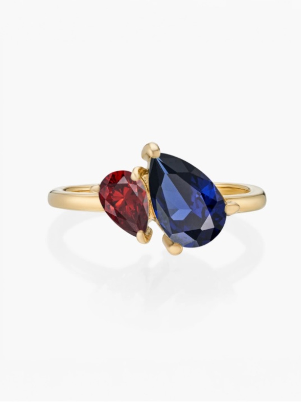 18k Gold Plated Ring with Red and Blue Pear Gemstones